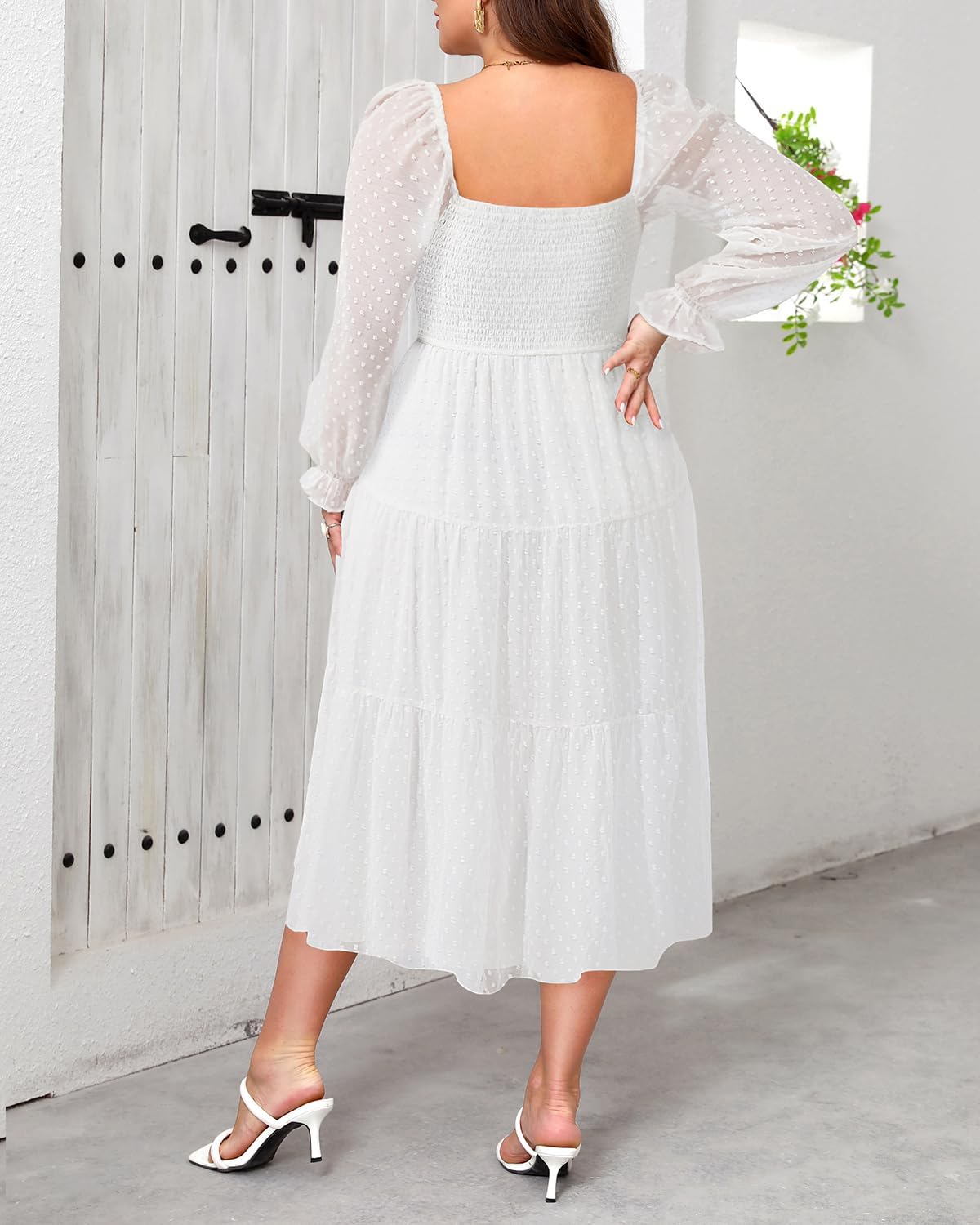 Women's Puff Sleeve Square Neck Mini Summer Sundress Chiffon Swiss Dot Flowy Smocked Dress - Image 2