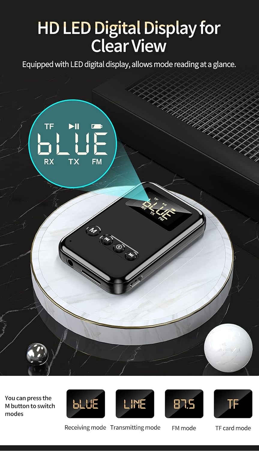 Bluetooth Transmitter Receiver, Bluetooth FM Transmitter, 4-in-1 Bluetooth 5.0 Audio Adapter, TF Card Player, Low Latency, AUX Jack, for TV/Home Theater/Car/PC/Projector : Electronics