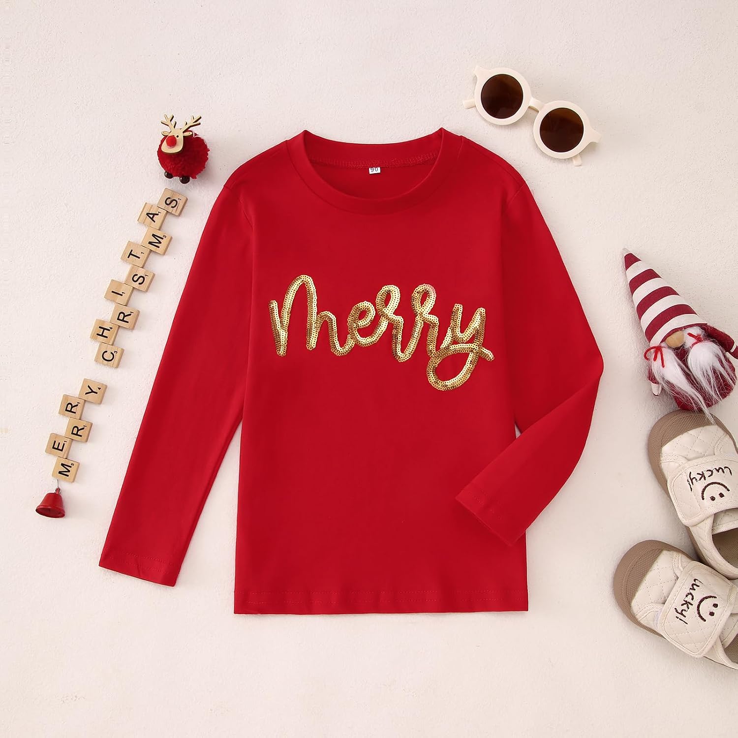 Toddler Baby Girls Christmas Shirts Embroidery Glitter Merry Tees Long Sleeve T-Shirt Xmas Tops Holidays Clothes
