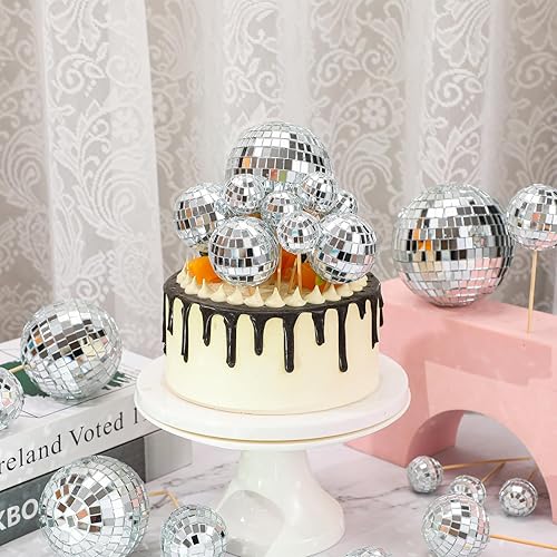 Miniatura 2 de 40 piezas de decoración de bola de discoteca para cupcakes, bola de discoteca plateada, decoración de centro de mesa de los años 70, decoración de