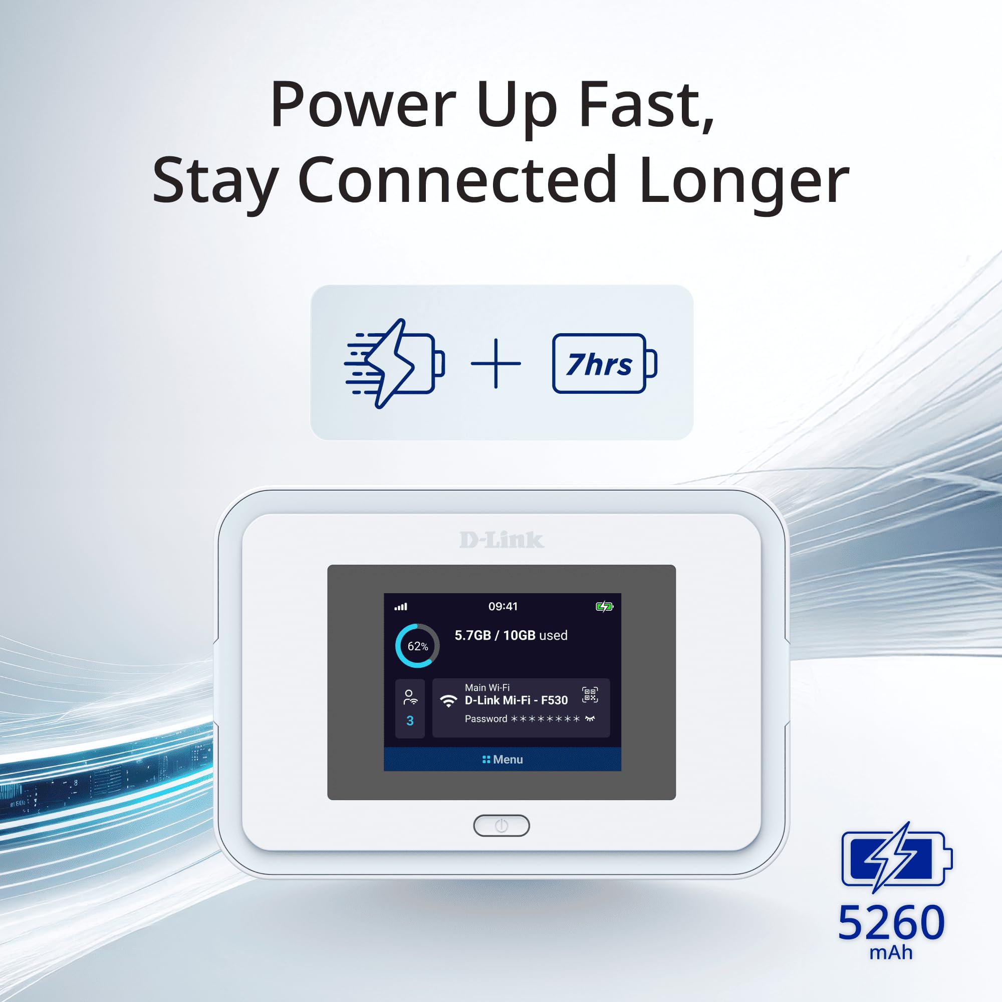 D-Link F530 Hotspot Móvil 5G NR AX3000 Wi-Fi 6, Router 5G Portátil hasta 7,01 Gbps, Pantalla Táctil 2,4", 32 Dispositivos, Batería 5260 mAh, USB-C PD, microSD, Ranura SIM