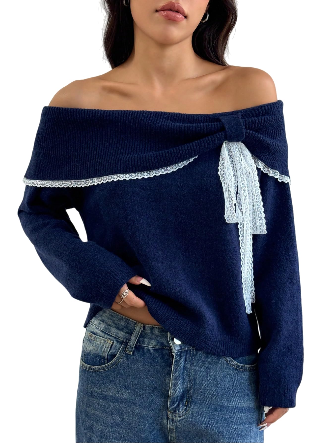 Off The Shoulder Sweater for Women Cute Long Sleeve Sexy Lace Bow Tie Knit Cropped Pullover Sweater