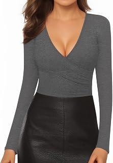 Mangopop Women' Surplice Ruched Plunge Neck Deep-V Long Sleeve Bodysuit Jumpsuits Price In India
