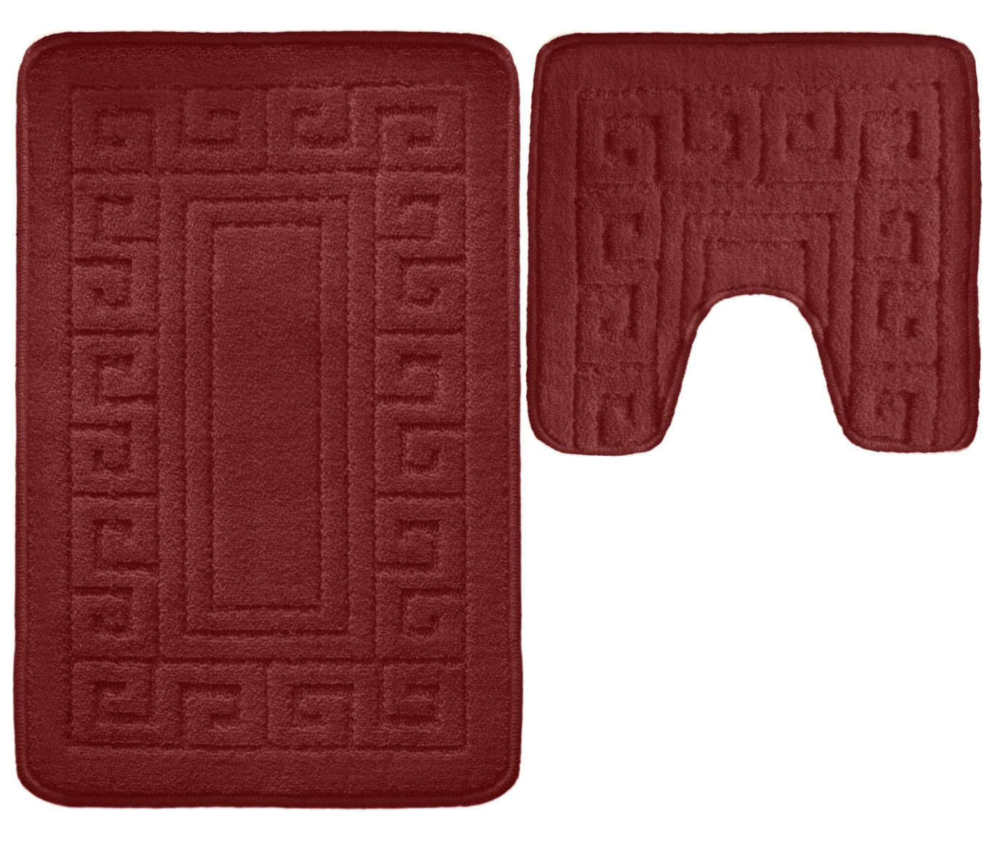VL 2 Piece Greek Bath Mat Non Slip and Highly Absorbent Bath Mat 100% Polypropylene Washable Pedestal Bathroom Mat Rug (BURGUNDY)