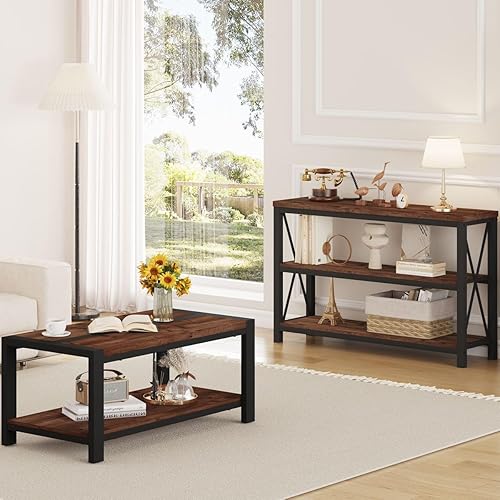 Miniatura 7 de BON AUGURE Mesa auxiliar para sala de estar, mesas industriales de madera y metal, mesa central rectangular de granja (roble rústico, 43 pulgadas)