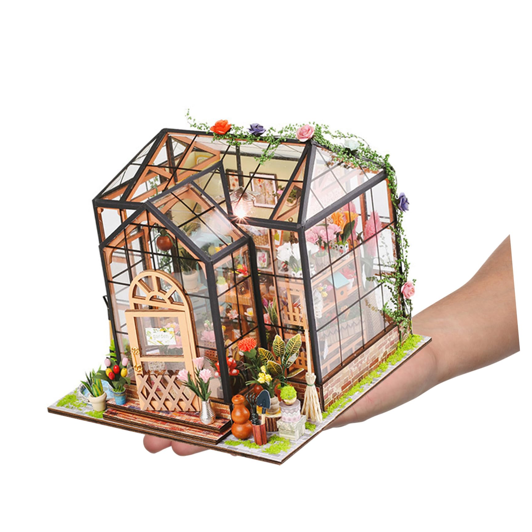 UKCOCO Kit de Manualidades para Casa de Flores en Miniatura, Modelo de Invernadero de Construcción 3D, Madera y Acrílico, Varios Accesorios, para Coleccionistas y Niñas, Decoración