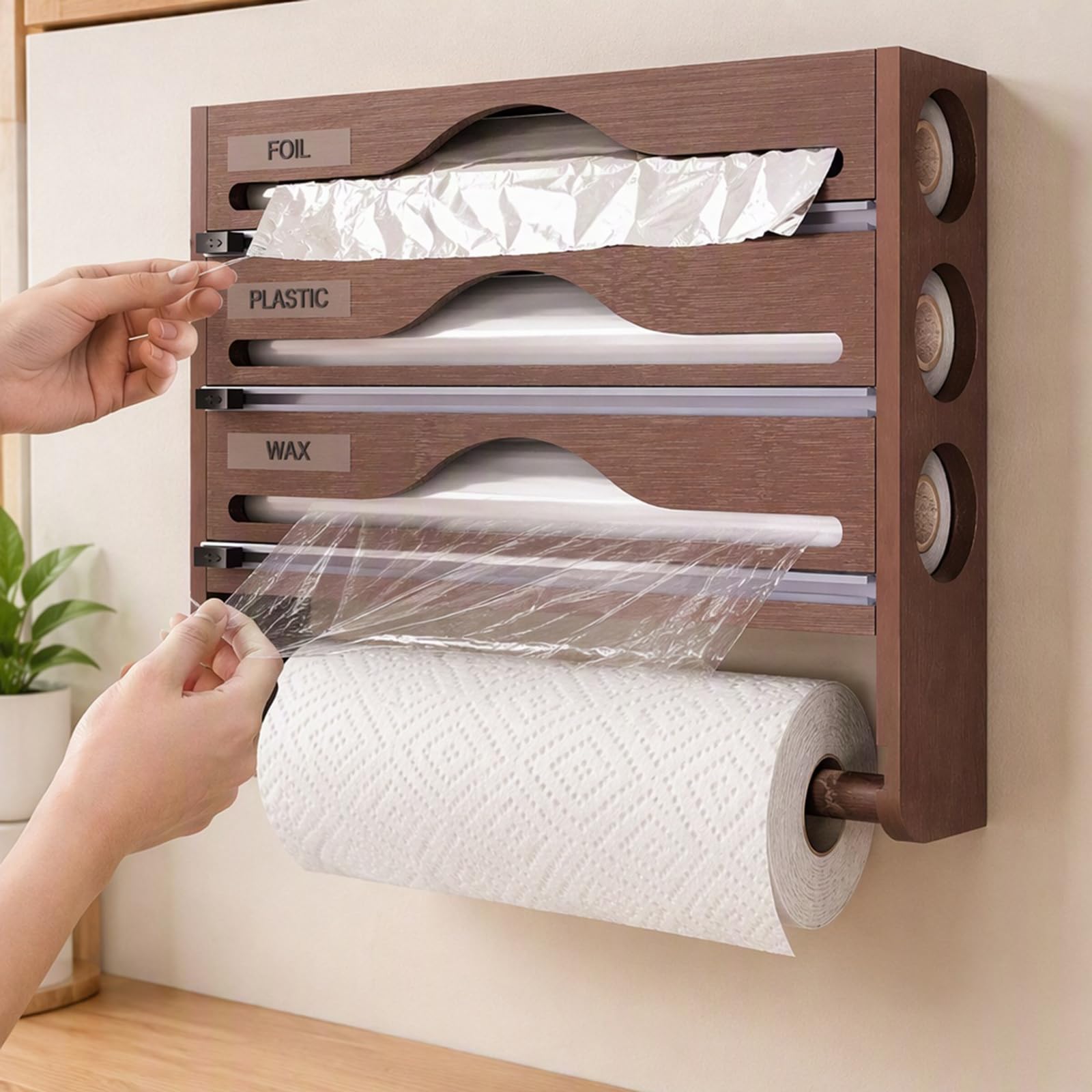 Generic Dispensador de película de bambú 3 en 1, organizador de papel de
