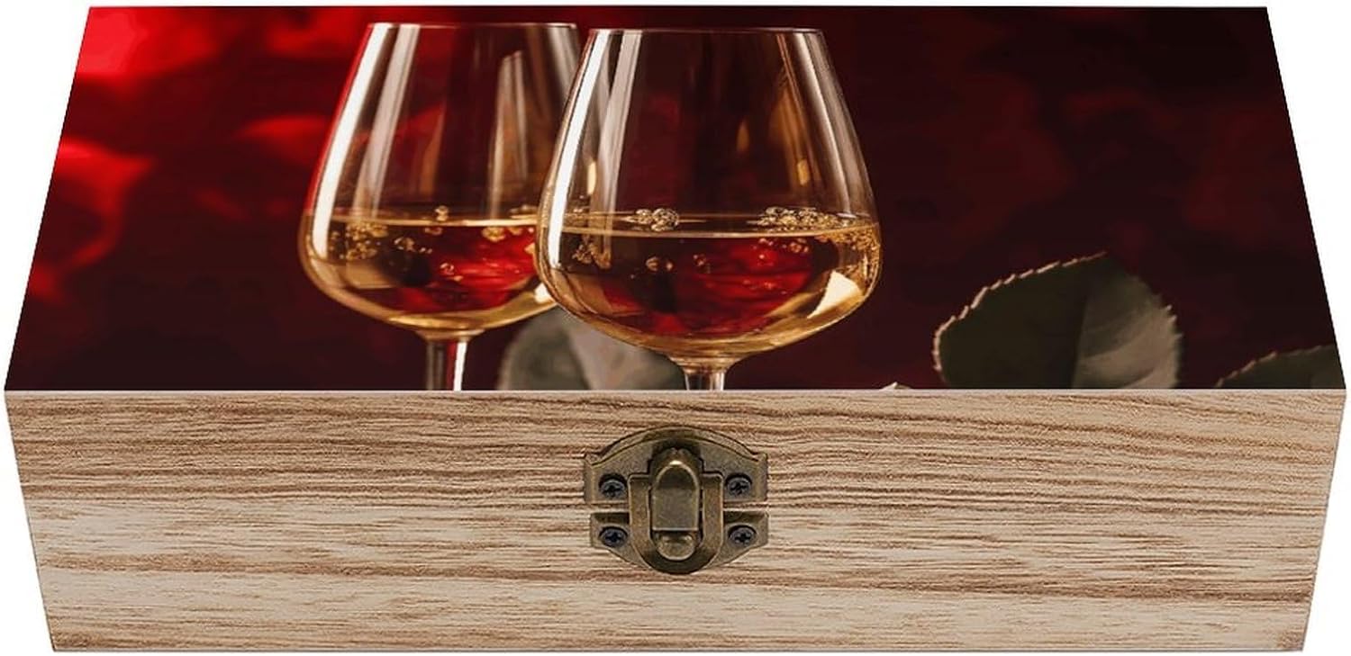 Two Glasses of White Wine Wooden Box with Hinged Lid, Wooden Treasure Chest Boxes for Home, Jewelry Wooden Storage Case for Women Men, Large Wooden Crates, 7.9'' X 3.9'' X2.3''