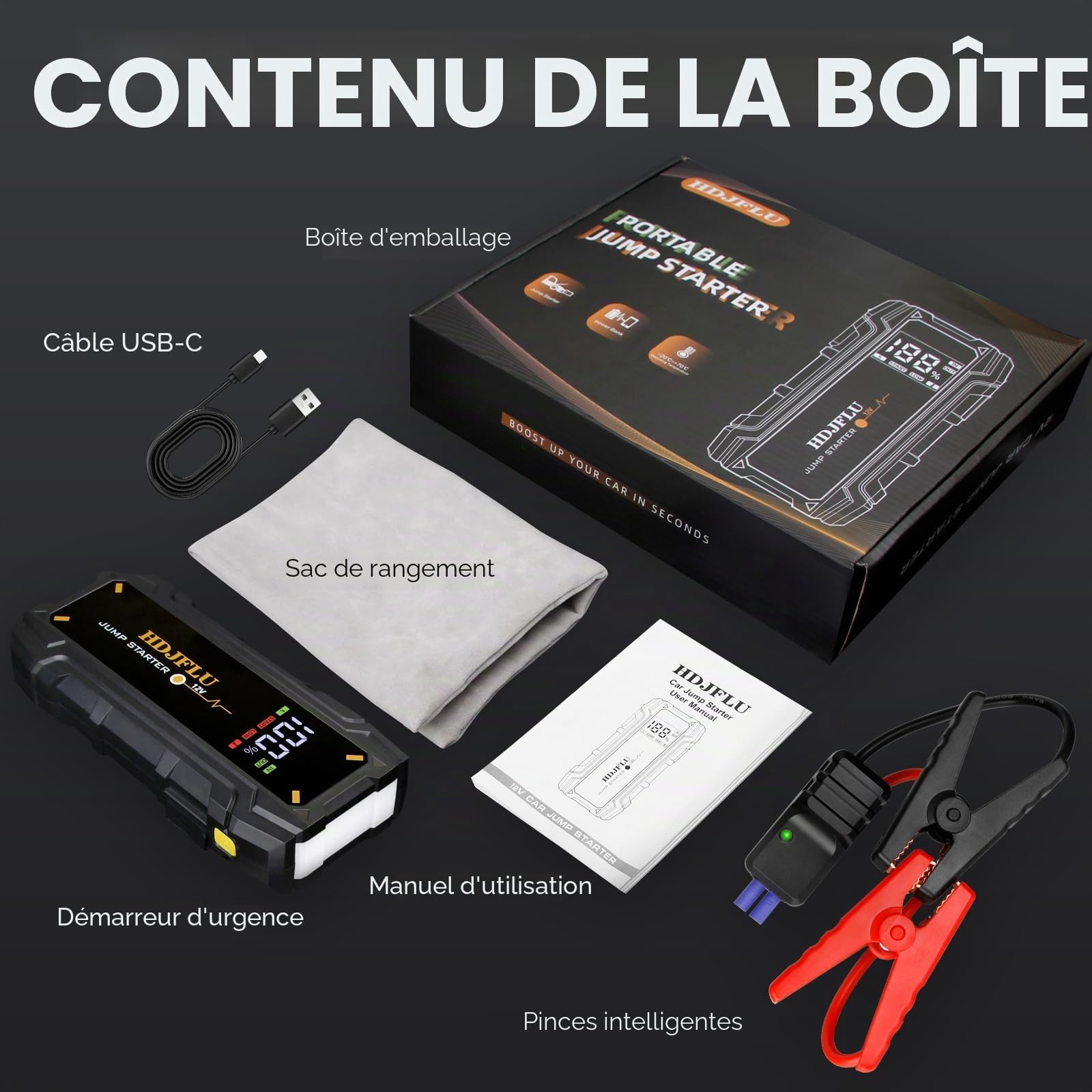 Démarreur de Voiture Portable HDJFLU 3000A (7,0 litres pour Le Moteur à Essence et 5,5 litres pour Le Moteur Diesel), Batterie de Voiture 12v, câble de démarrage Intelligent, éclairage