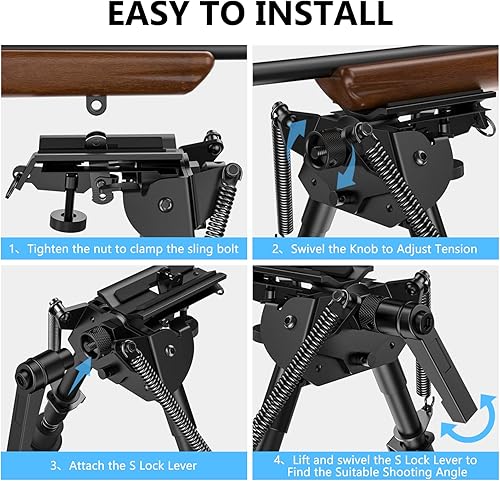 Miniatura 5 de CVLIFE Bípode de rifle, bípode de inclinación pivotante con perno giratorio y palanca de bloqueo en S desmontable para estabilidad del rifle y