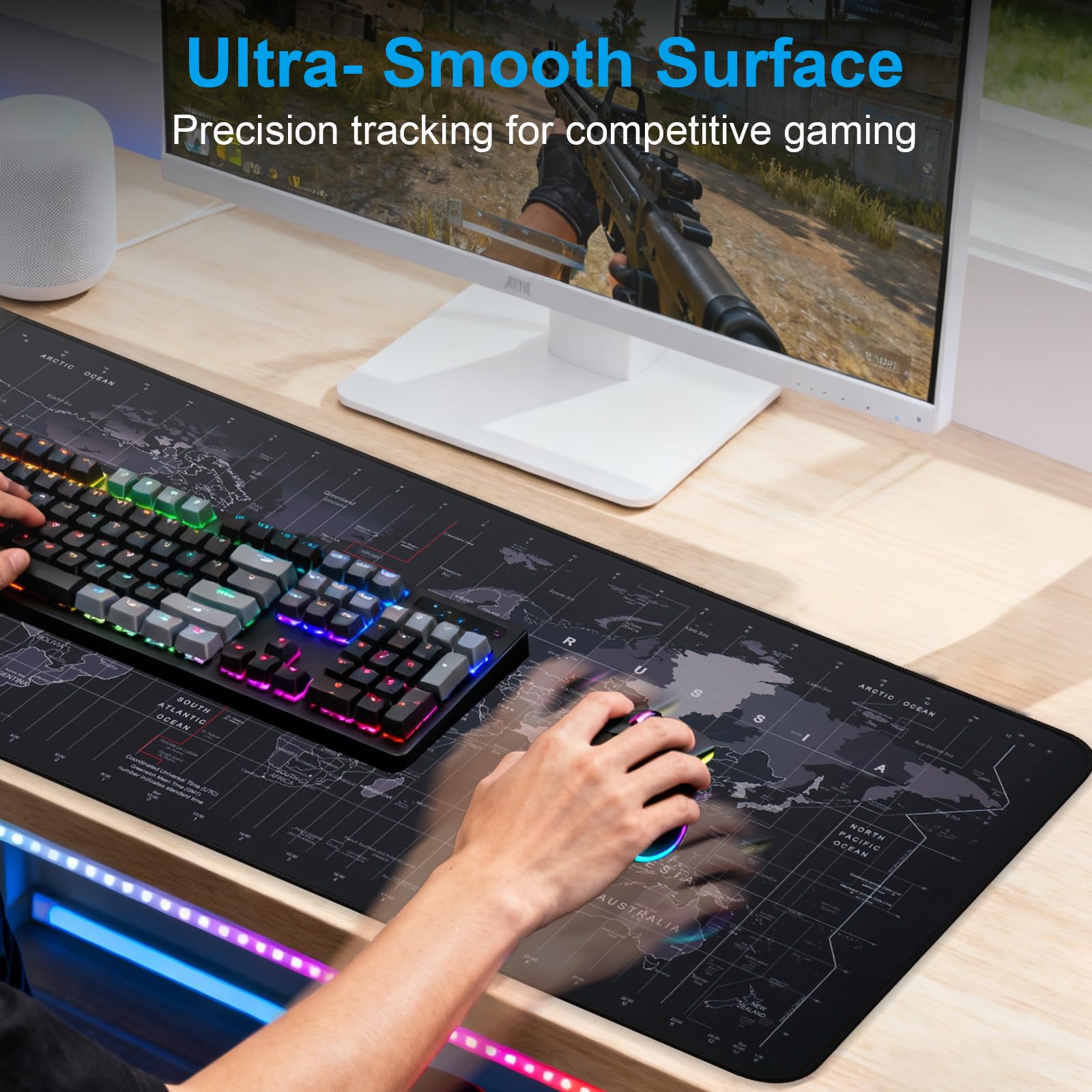 VOVIPO Pad de souris de charge sans fil 15W,Tapis de souris de jeu imperméable,XXL grand tapis de bureau 90 x 40cm, Carte du monde noire Computer Desk Pad noir pour MacBook/PC/ordinateur portable