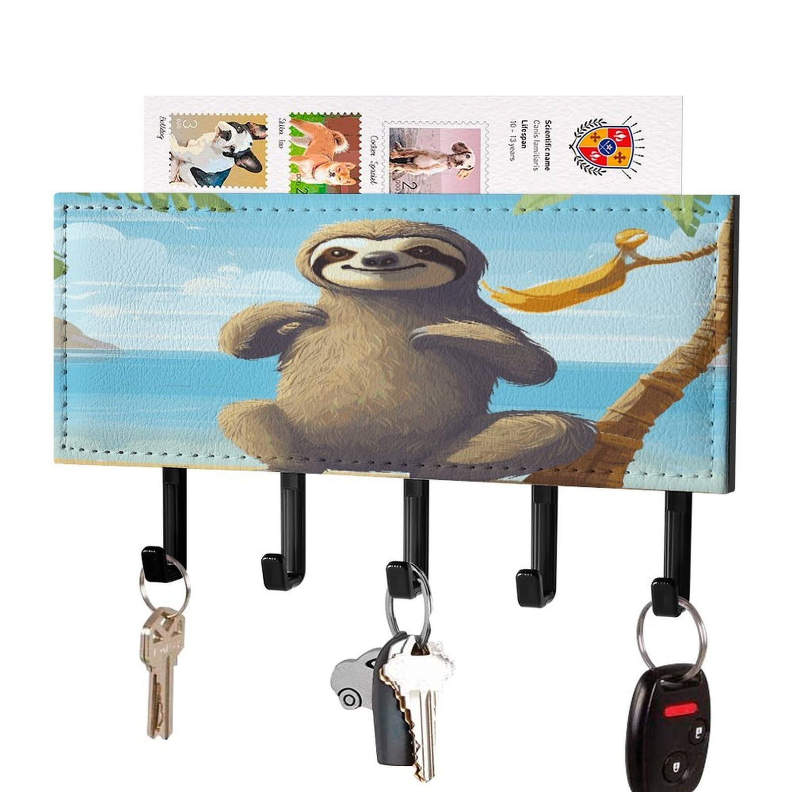 LDGSUPH Sloth on Beach Key Holder Wall Mount Key Hanger with 5 Hooks Fashion Key Organizer Rack Hanging Key Hooks with Mail Organizer Key Rack for Home Entryway Hallway Black-Style
