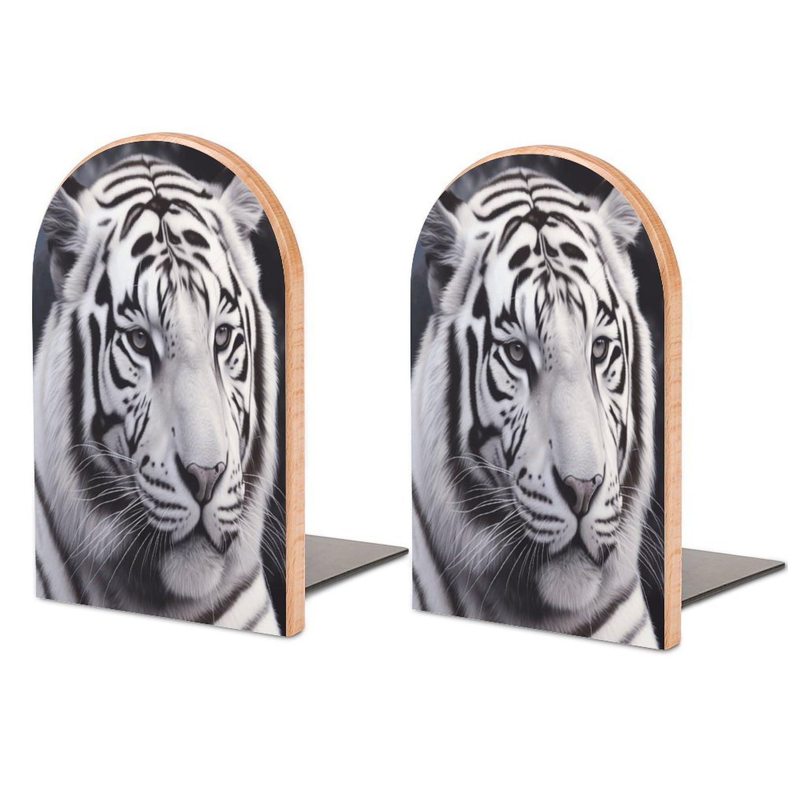 White Tiger Bookend Wood Book End for Shelves Heavy Duty Non-Slip Wooden Bookend Support Universal Economy Bookends Fancy Modern Decorative Book Accessories 1 Pairs