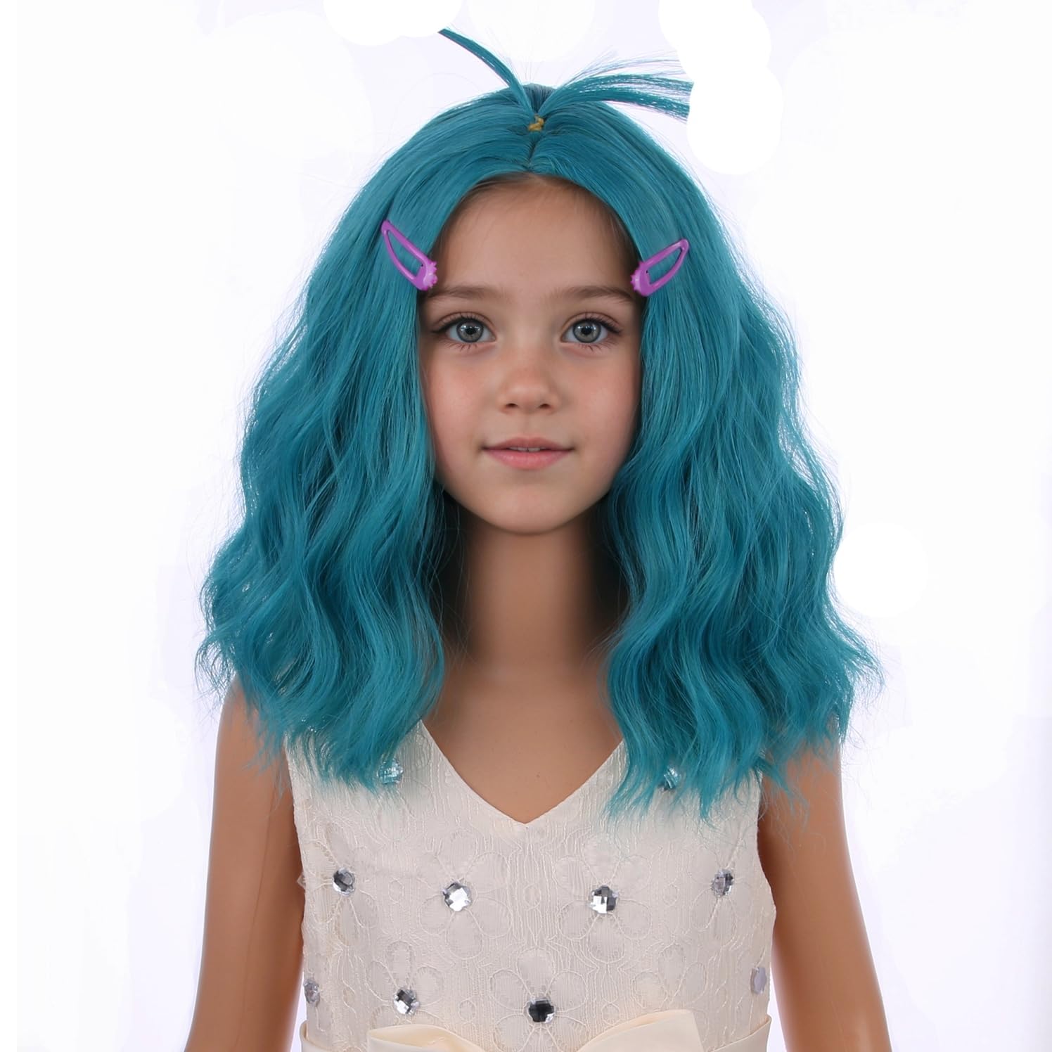 PATTNIUM Blue Green Wig for Kids Girls Short Curly Wavy Green Blue Wig with Hairpins Dark Green Wigs Synthetic Cosplay Halloween Wigs