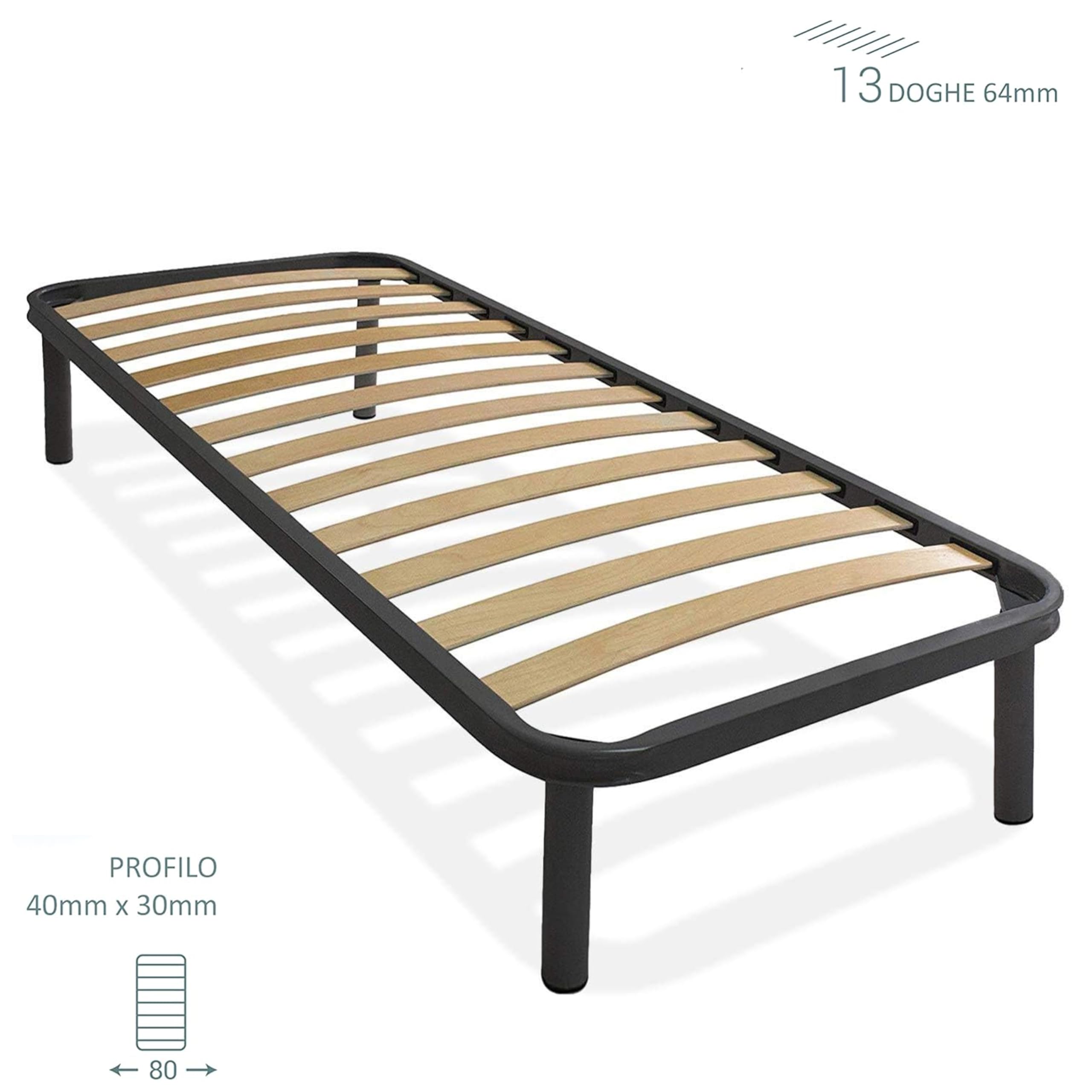 Somnus SANA - Rete letto singolo 80x190 a doghe in legno multistrato Ortopedica - Struttura in acciaio con piedi altezza 35cm - 100% Made in Italy