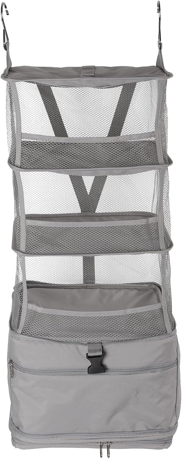 4 Tier Hanging Travel Storage Bag, Foldable Hanging Closet Organizer Large Capacity Portable Hanging Wardrobe Shelf Enduring Suspended Closet Storage Organizer for Travel (Grey S)