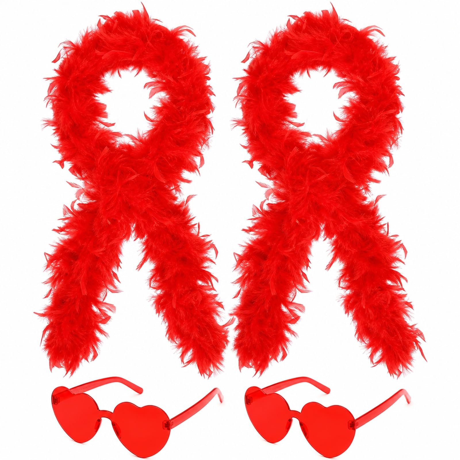Red Feather Boa, 2 Red Boas and 2 Heart Glasses for Parties