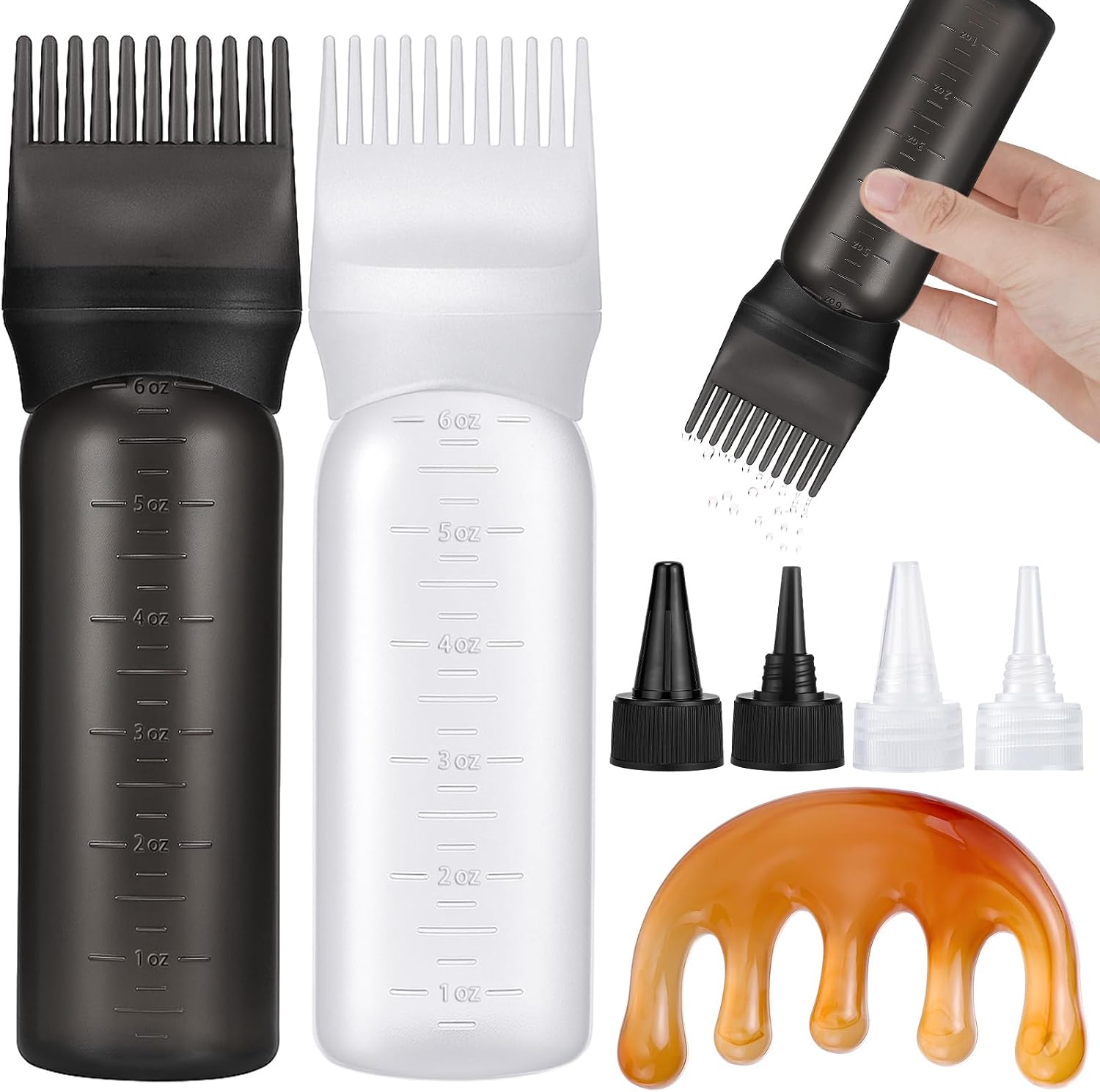 Pimoys Hair Oil Applicator Bottle for Scalp, Root Comb Applicator Bottles Hair Dye Squeeze Bottle Coloring Tools，2 Pack (Purple, White) with 4 Pointed Mouth Cover and Massage Comb