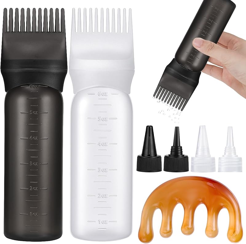 Pimoys Frascos Aplicadores com Pente para Óleo Capilar, Preto e Branco, Pacote com 2