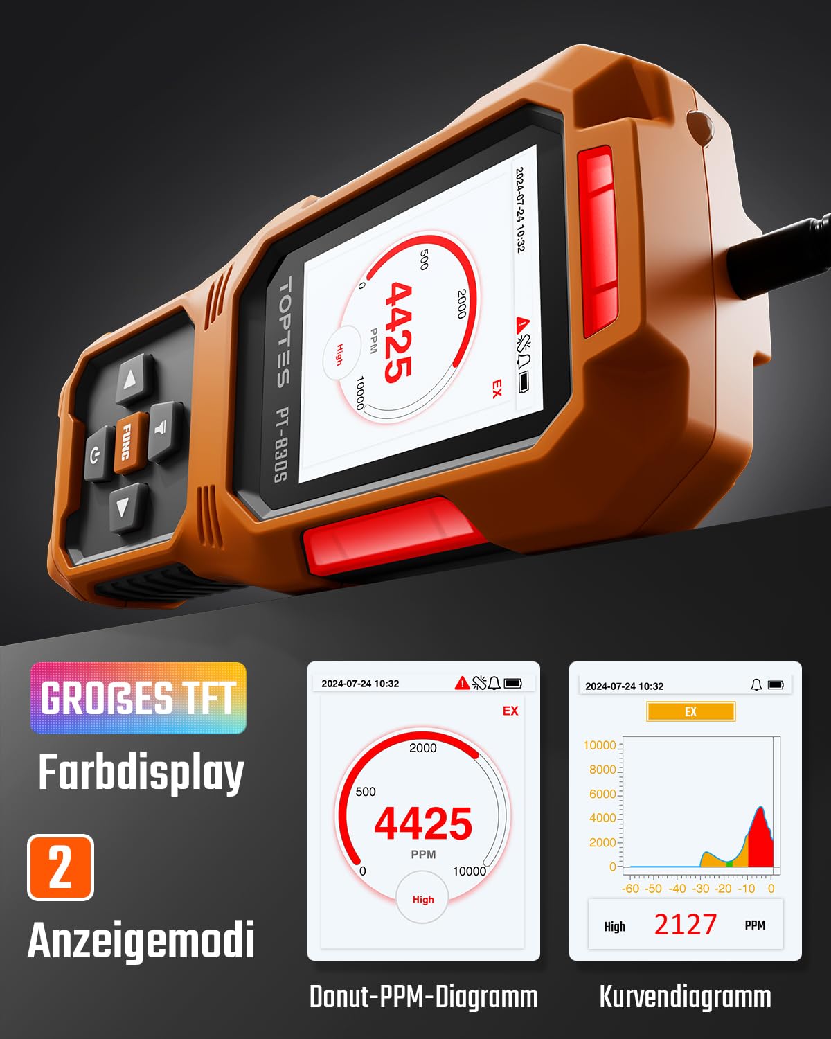 TopTes PT-830S Wiederaufladbarer Gasmelder mit 36,8cm Sonde, Bereich 0-10000 ppm, TFT-Farbdisplay mit 3 Alarmtypen, Hohe Empfindlichkeit gaslecksuchgerät für Propan, Methan für Haushalt oder Industrie