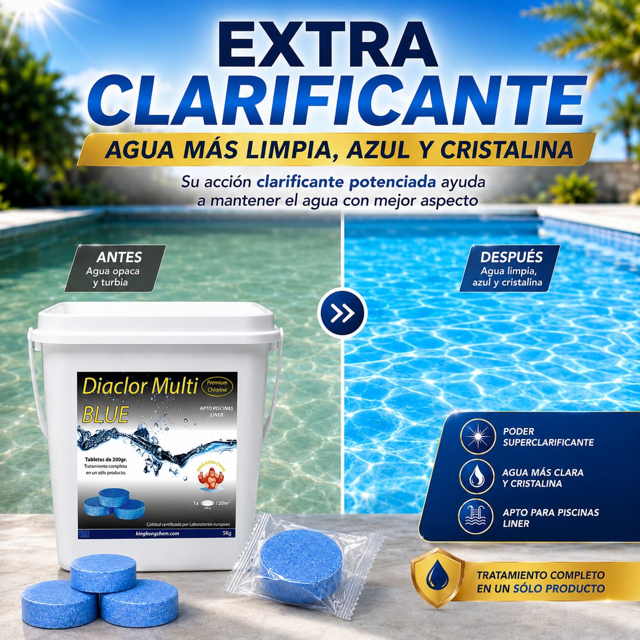 Pastillas de Cloro DIACLOR Multi Blue 200 gr 5 KG Extra clarificante - Envasado Individual - 25 Pastillas de Cloro Multiacción (Pastilla 200 gr - Diámetro 7,5 cm) – SIN Cobre