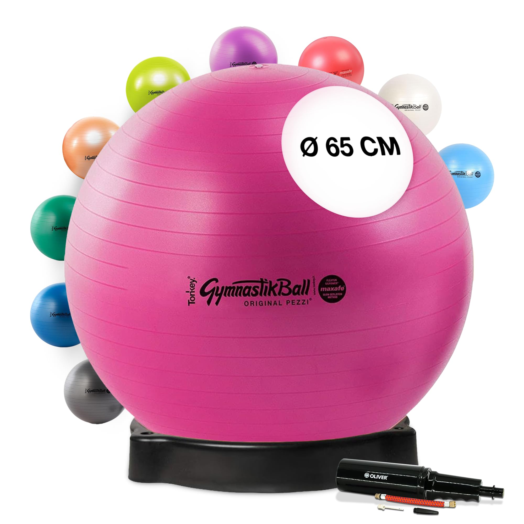 PEZZI Gymnastikball Maxafe mit Ballschale und Pumpe | Sitzball mit Burst-Proof-System, belastbar bis 400 kg, für Therapie, Sport und Büro