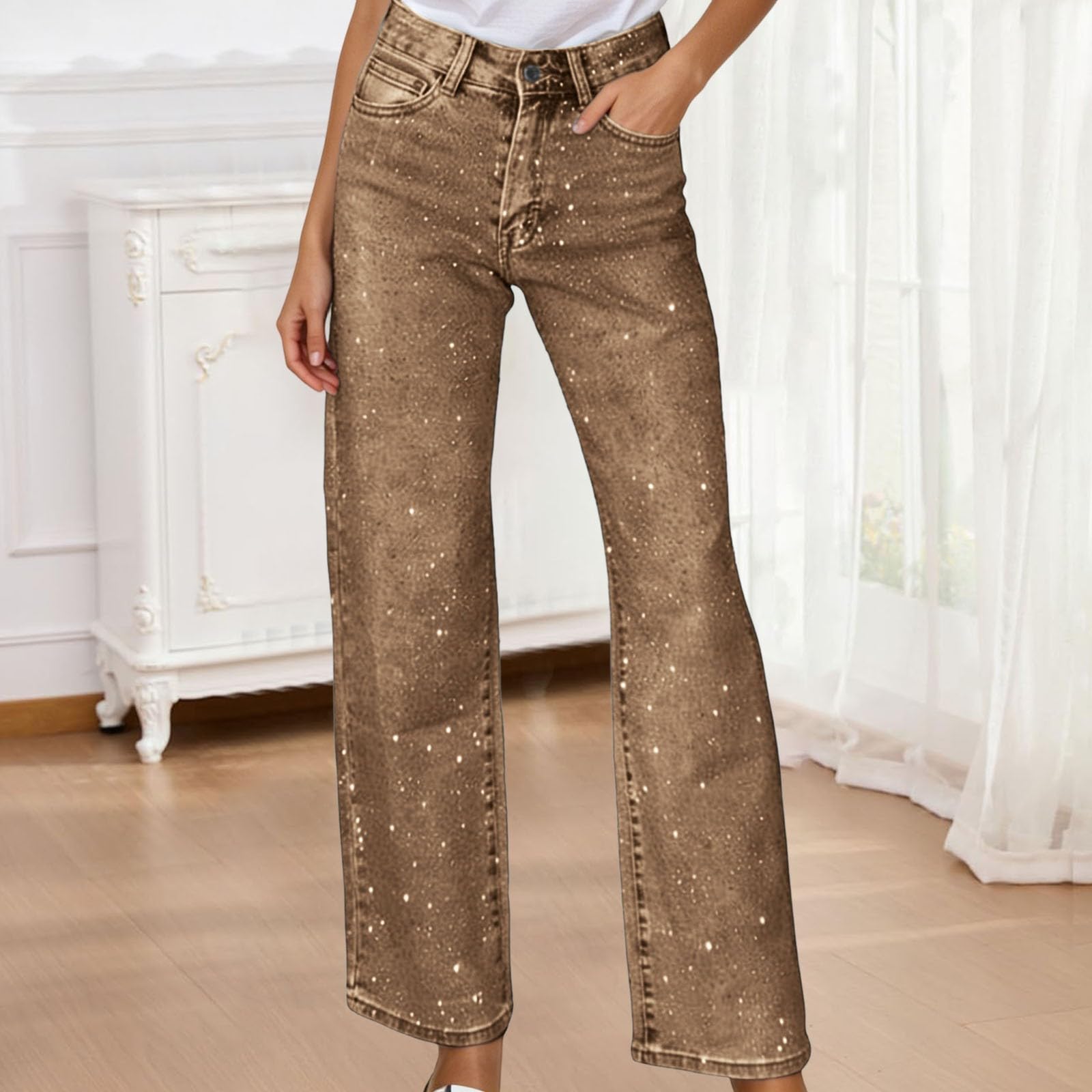 Glitzer Jeans Damen Baggy mit Strasssteinen Glänzend Jeanshose Hoher Taille Gerade Bein Pailetten Freizeithose Y2K Rhinestone Glitzerjeans Frauen Festlich Denim Pants Karneval Party Silvester Outfit