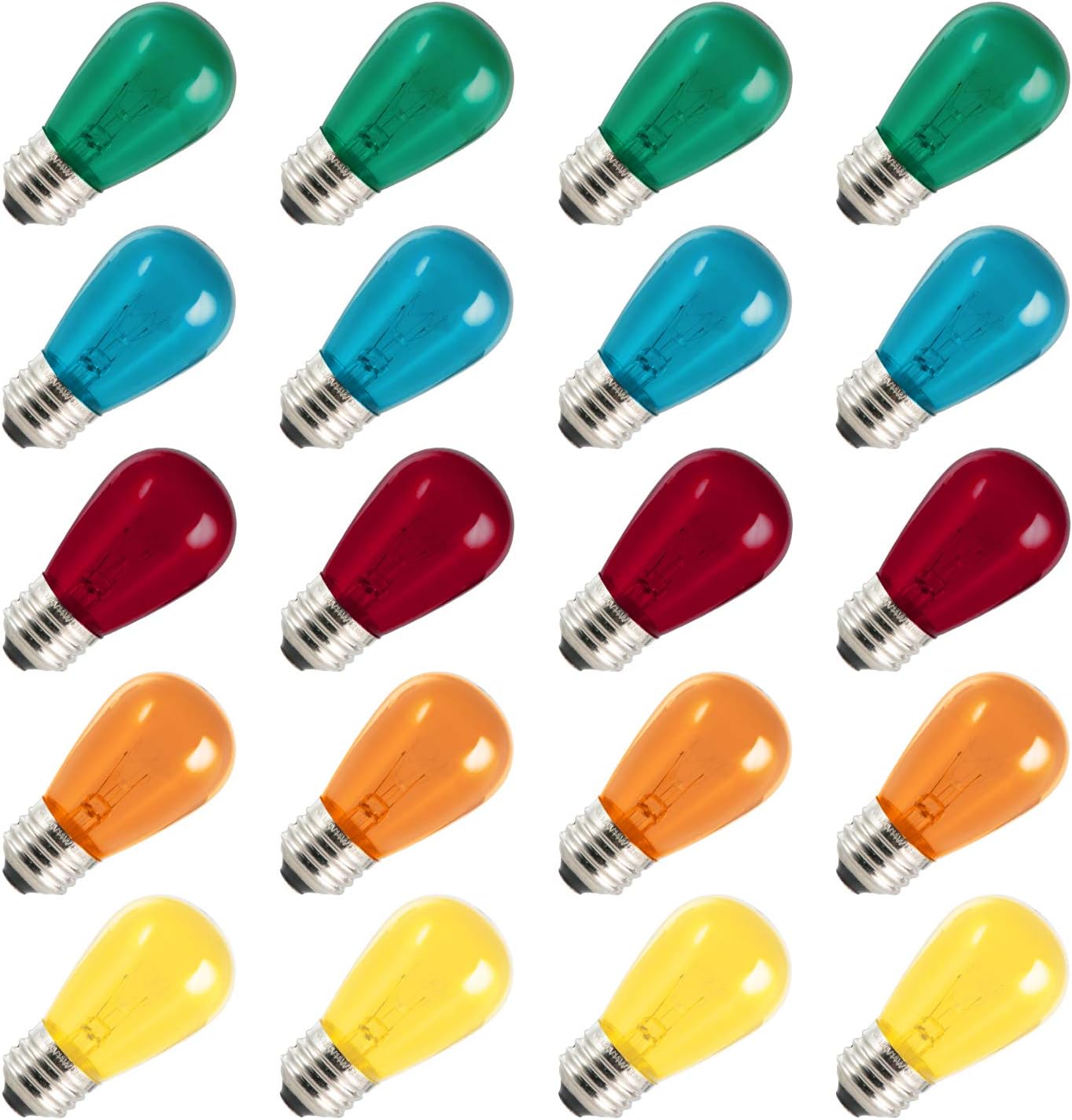 Pack of 20 pcs S14 Multicolored Replacement Glass Bulbs – 11 W E26 Bubs for Commercial Grade Outdoor Patio Yard Holiday Decoration Vintage String Lights