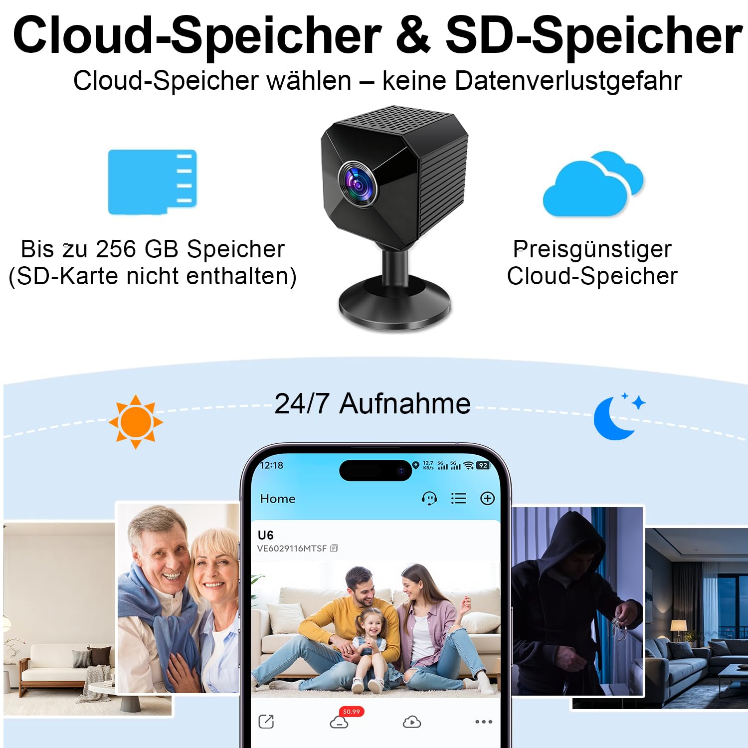 Mini Kamera 4K HD WLAN Kamera - Live Übertragung Handy APP Für WiFi Camera Indoor mit Akku Sicherheitskamera mit Bewegungsmelder/Nachtsich SD/Cloud-Speicher, Ideal für Haus & Haustiere