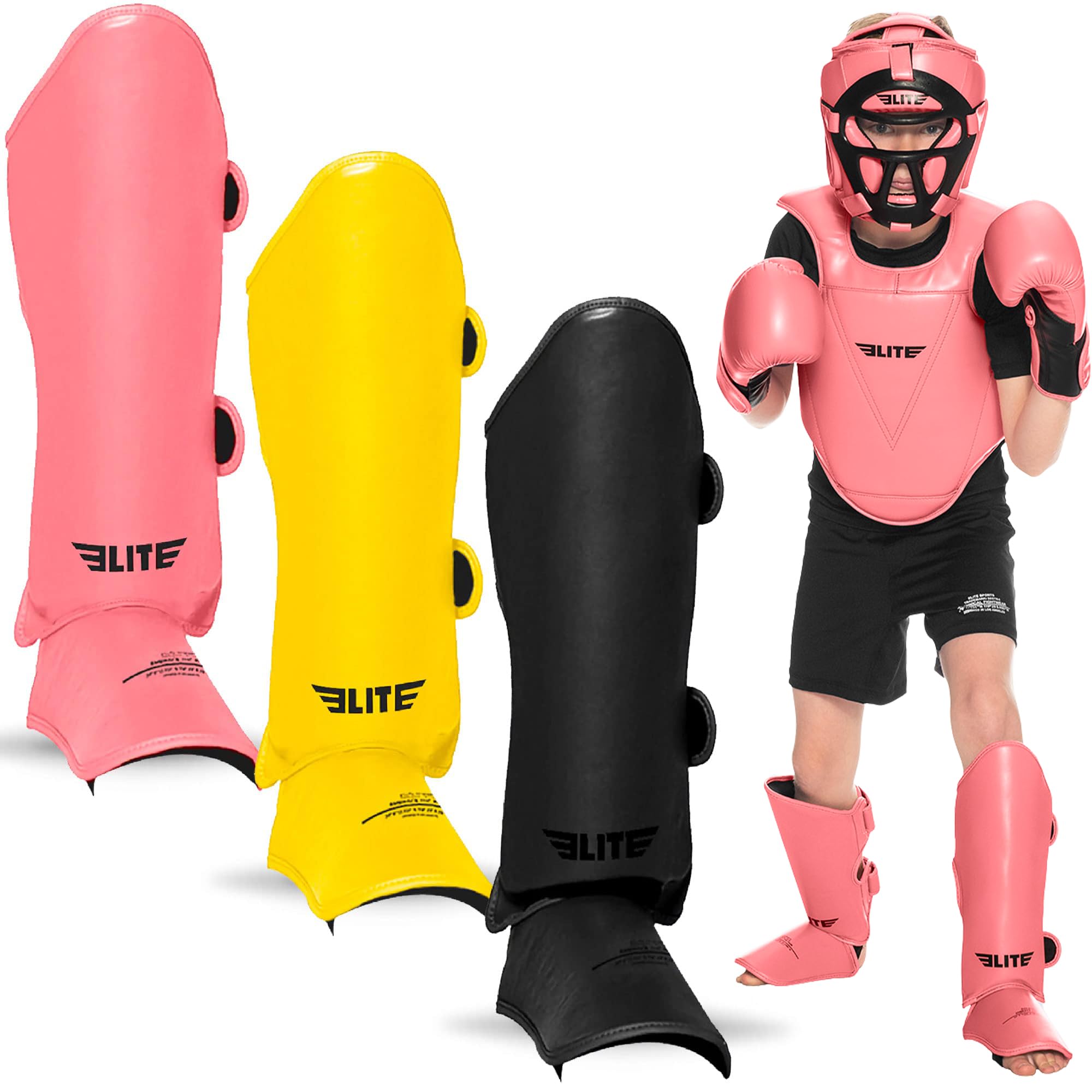 Elite Sports Muay Thai MMA Kickboxing Boys and Girls Shin Guards for Age 4 to 14 Years, Instep Guard Sparring Protective Leg Shin Kick Pads for Kids