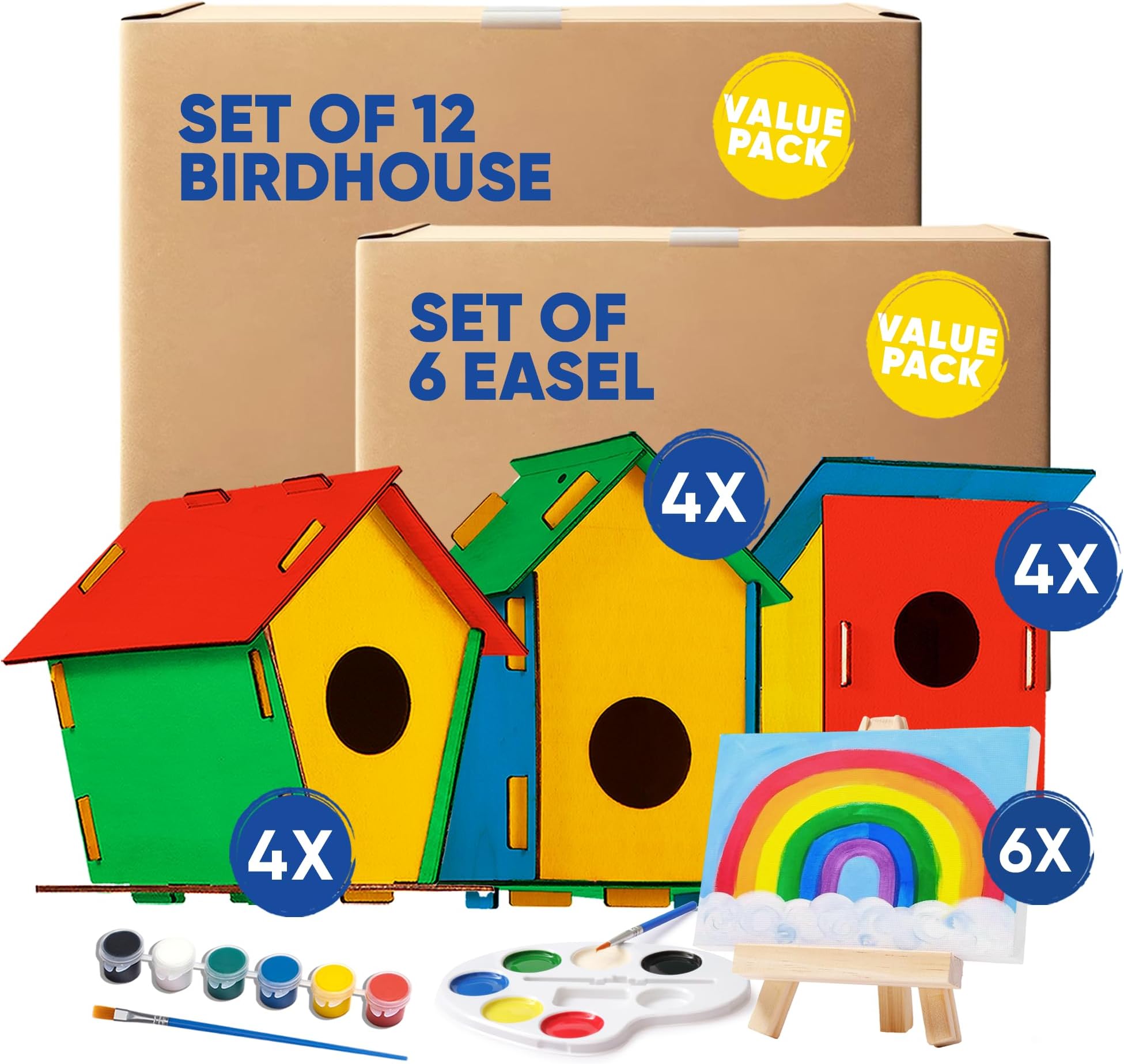 CRAFTY HAPPITOYS12 DIY Bird House Kits for Children to Build & 6 Mini Canvases & Easel Set with Watercolors Paint