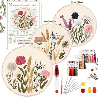 YINVA Stickerei Set Anfänger, Blumenmuster Pflanzen Kreuzstich-Kit Starter Tools Kit mit 2 Stück Kunststoff-Stickrahmen, Farbfäden und Werkzeuge, für DIY Kunst, Handwerk, Sticken (Rosa)