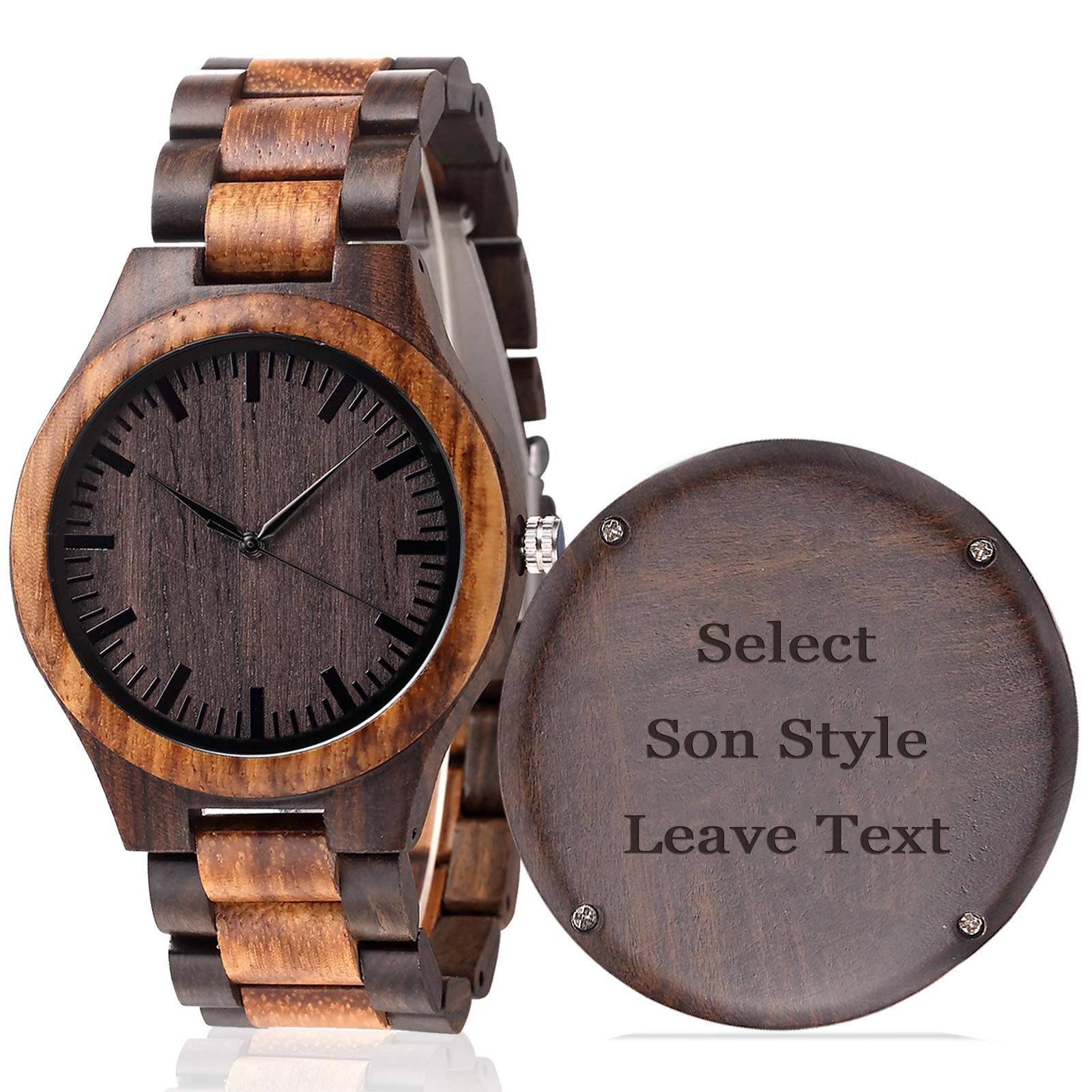 Fodiyaer Personalized Custom Engraved Wood Watch for Son from Dad Mom Parent As Christmas Birthday Graduation Wooden Gifts Idea with Cowhide Leather Strap