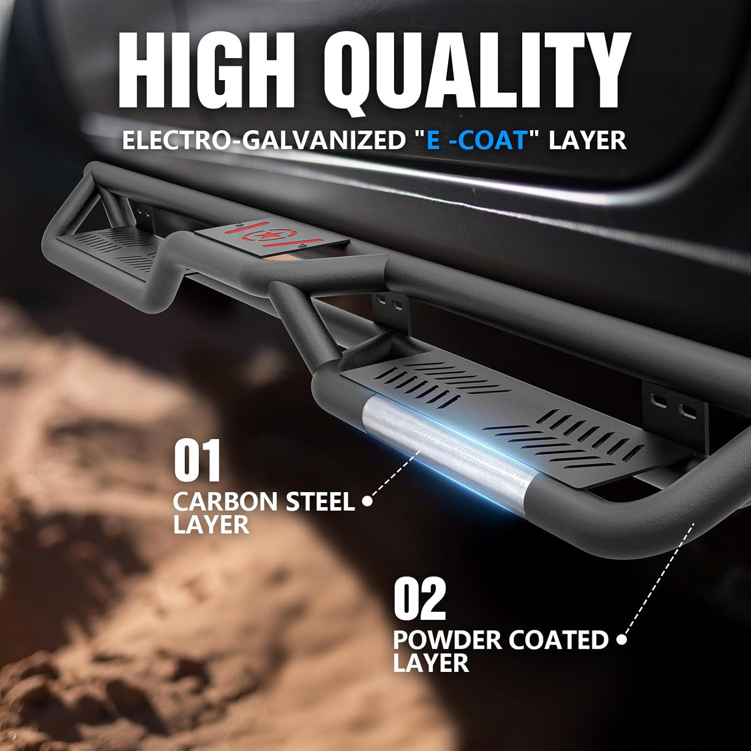 CrewMax Cab Running Boards Compatible with 2007-2021 Toyota Tundra Crew Max Cab Side Steps, Two Stair Drop Design Style Black Truck Side Rails Nerf Bars (Carbon Steel, Black Powder Coated)