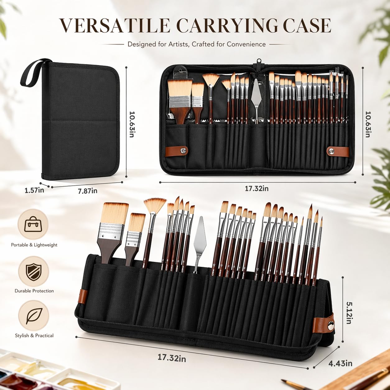 Juego de 26 pinceles para acuarela y pintura al óleo, pinceles de pintura acrílica de acuarela de viaje con plano, filbert, ventilador, daga, lengua de gato, redondo, cuchillo de paleta, kit de