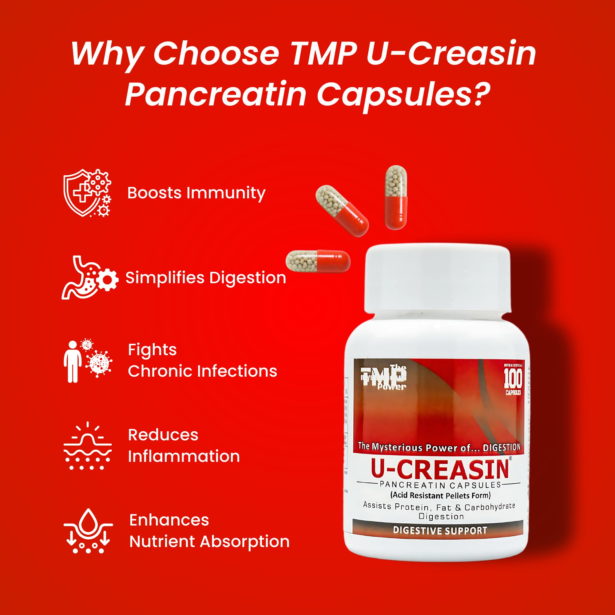 TMP U-CREASIN Pancreatin Capsules | Pancreatin Supplement Capsules | Digestive Support for Protein, Fat & Carbohydrate Digestion | Acid Resistant Pellets Technology (100 Capsules Pack) 4