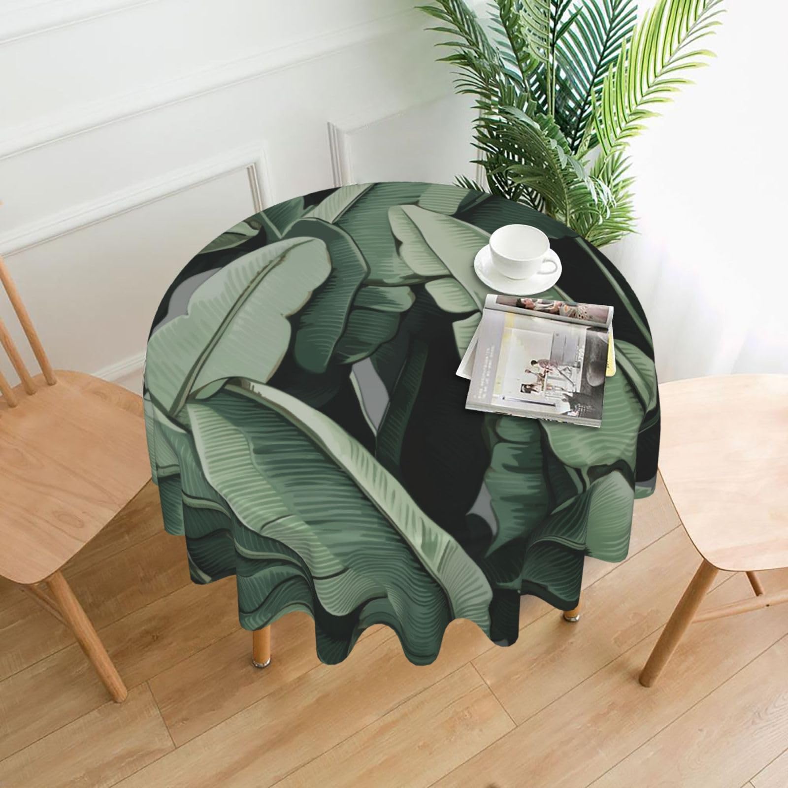 WPKJU Tropical Banana Palm Leaves Art Printed Round Tablecloth 60 in Water Resistant Table Cover Washable Table Cloth for Dining Tables