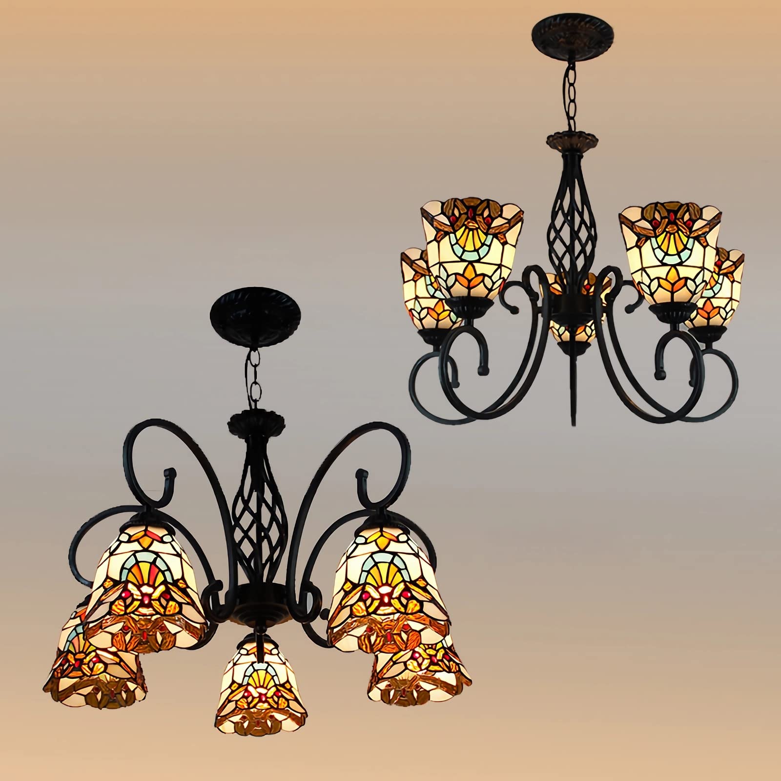 YNIYUJKL Tiffany-Style Baroque Chandeliers, Stained Glass Ceiling Pendant Light Fixtures For Living Room Bedroom Kitchen Hallway, E27 Bulb, Max40W,3 Lights-3 Lights (5 Lights,5 Lights