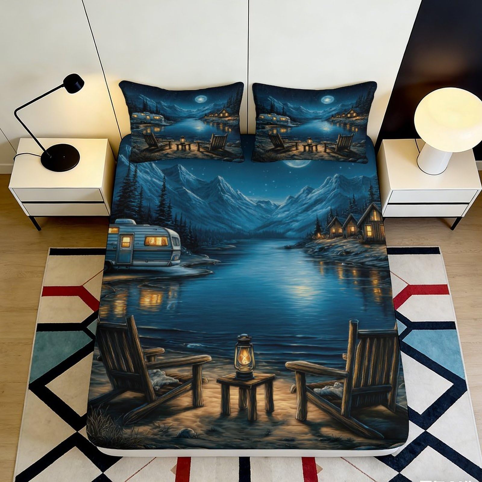 3D Printed Mountain Lake Fitted Sheet Microfiber Soft Durable Night Scene Bed Cover for Bedroom Guest Room Mattress Protection Easy Care 180x200x25cm