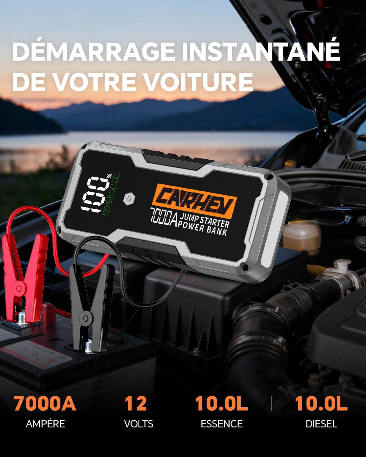 CARHEV Booster Batterie Voiture 7000A, Démarreur de Batterie de Voiture (Jusqu’à 10L Essence & 10L Diesel), 12V Booster Batterie Moto avec Lampe à LED, Car Jump Starter avec Pinces Intelligentes