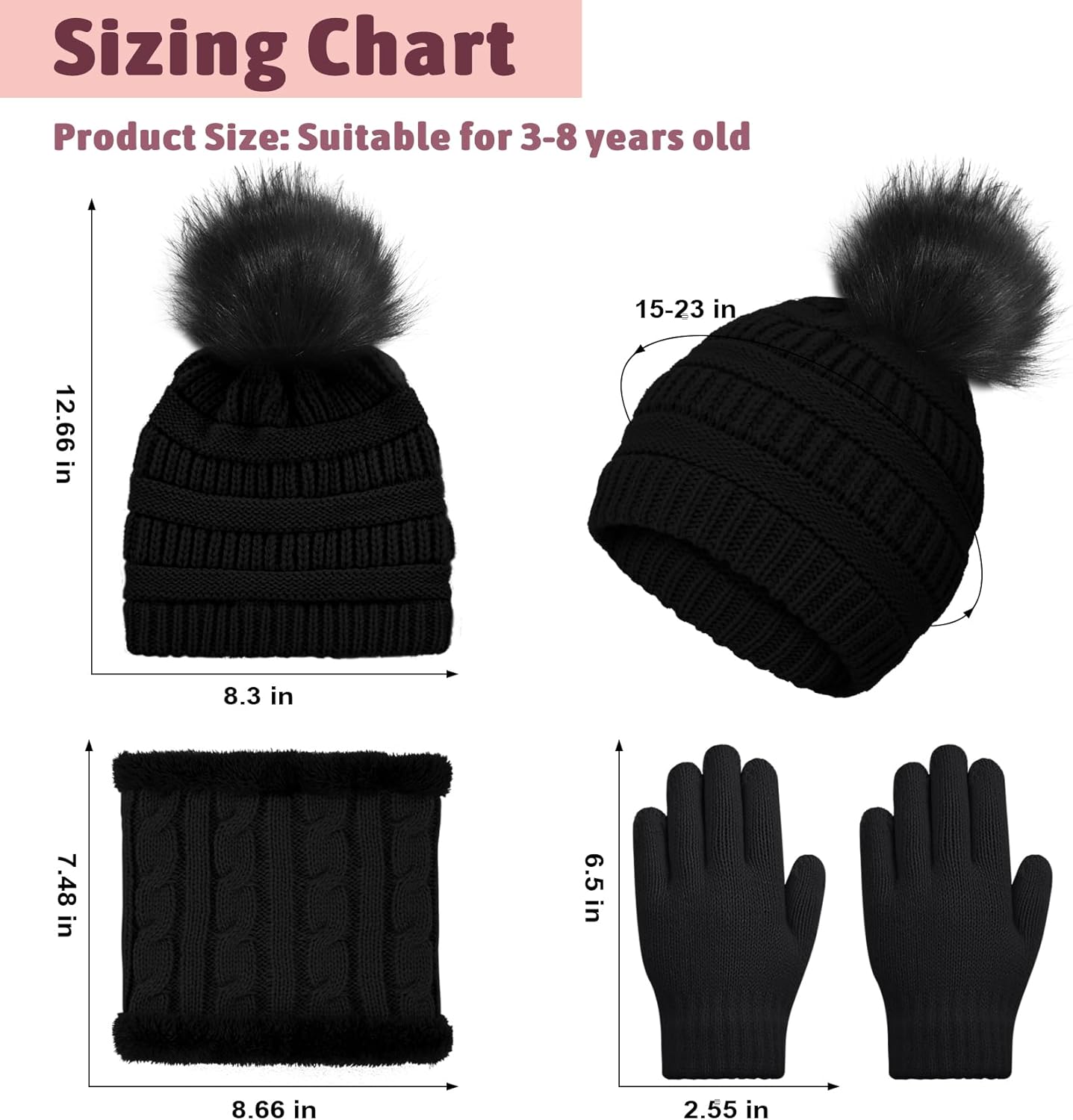 Kids Winter Beanie Hat Scarf Gloves Set for 3-8 Years Old Boys Girls, Thick Warm Knitted Hat Gloves Fleece Lined Scarf Set - Image 2