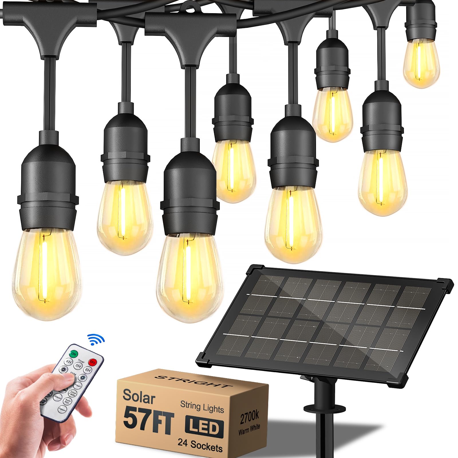 Photo 1 of Stright Solar String Lights 57FT (49+8), Outdoor Strand Patio Light with 24 Sockets Shatterproof Weatherproof S14 LED Bulb IP65 Commercial Grade with Remote Control 8 Light Modes 57FT 24 Sockets