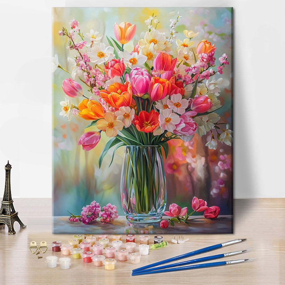 Vase Paint by Numbers for Adults, Tulips Paint by Number on Canvas, Bloom Flowers DIY Acrylic Painting by Numbers for Gift Home Wall Decor 16"x20"(Frameless)