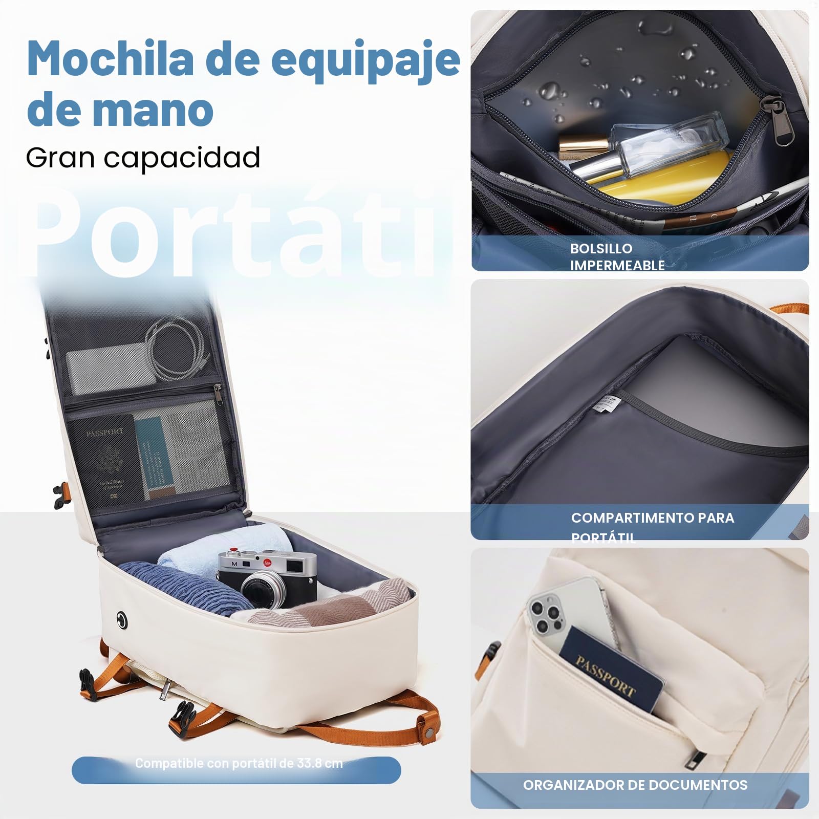COOLIFE Maleta de cabina de 55 x 35 x 20 cm para Ryanair, equipaje de mano, maleta rígida con cerradura TSA y 4 ruedas gemelas, blanco y marrón., 55×35×20 -Set 2pzs