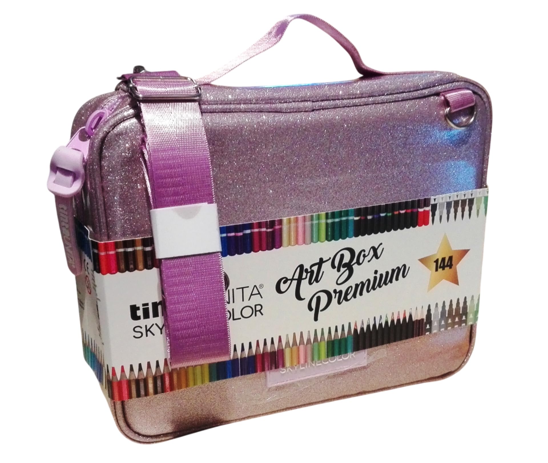 Borsa Valigetta Tracolla Art Box Premium Rosa Glitter con Pastelli in Legno MINA 4.2-144 colori con 2 colori Limited Edition by Pool Over con omaggio penna pailettes 6 penne in 1