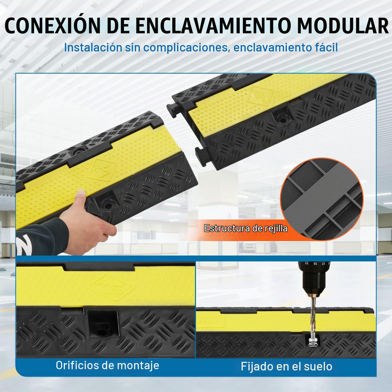 VEVOR Rampa de Protección de Cable 5 Piezas 2 Vías Canaleta Pasacables de Suelo 3 x 3 cm Protector de Cables de Caucho y PVC Capacidad de Carga 5443 kg Cubiertas de Suelo para Cables Negro y Amarillo