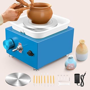 Mini Pottery Wheel, Ovshnrr 2 Plates Turntable 10/6.5cm Pottery Wheel, 2000RPM Adjustable Speed Mini Pottery Wheel with Shaping Tools for Pottery DIY, Pottery Teaching, Children and BeginnerBlue