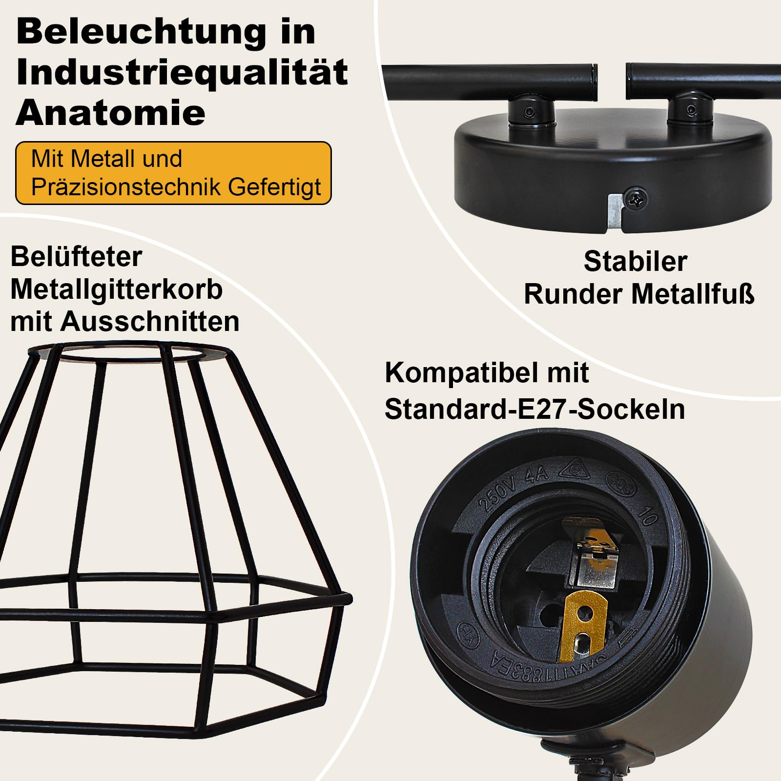 Deckenstrahler 4 Flammig E27 LED Deckenlampe Schwarz | Metall, Vintage, Schwenkbar 350°, Küchenlampe mit Lochmuster-Schirm, Wohnzimmerlampe für Küche Gewerbe, Ohne Leuchtmittel