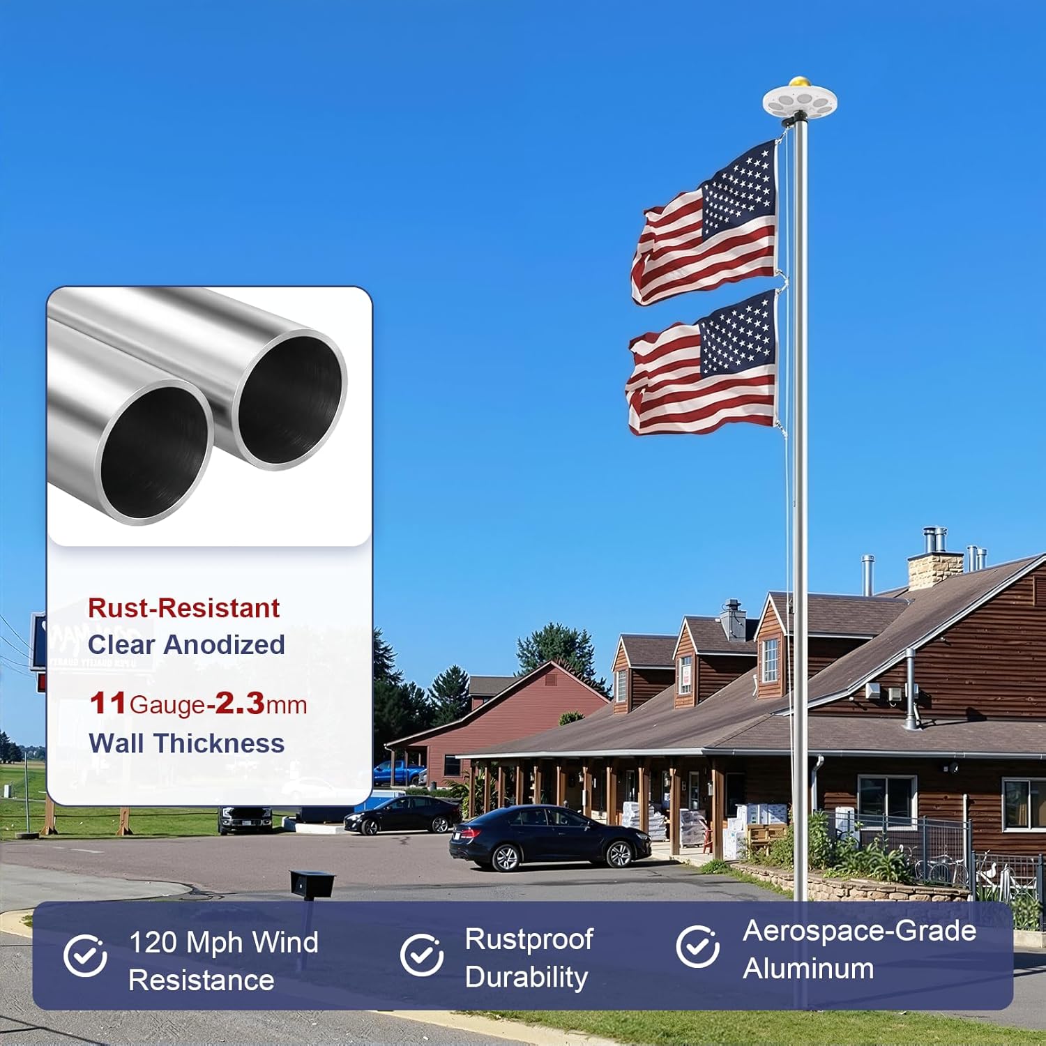 11 Gauge Heavy Duty Flag Pole Kit with 136 LED Ultra Bright Solar Light, 2.3 mm Thick Flagpole 25FT for Outside House in Ground, 300D Thickened USA Flag, 120 MPH Flagpole Kit, Silver