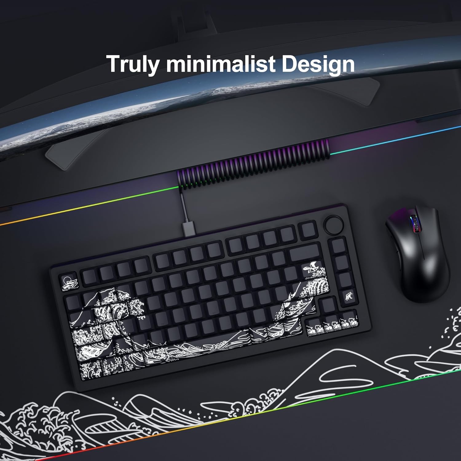 Catekro Shine Through Keycaps PBT Dye Sub Keycap Set, Side Print Keycaps, 131 Touches Cherry Profile Custom Keycaps, Wave of Kanagawa Double Shot Key Caps pour Claviers Mécaniques